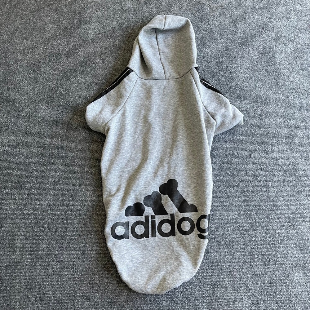Adidog Gray Pet Hoodie Large Dog Fleece Sweatshirt Sporty Striped Parody Coat